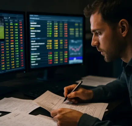 Moneyline Pricing comparison on trading screens beside a sportsbook odds board