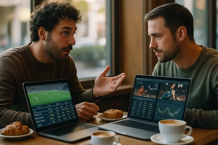 Person comparing sportsbook lines and event contract prices on two screens